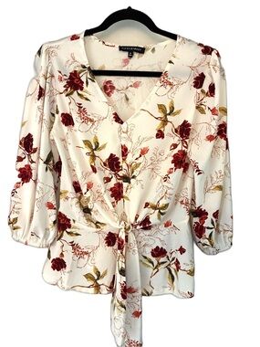 Floral Tie-Front V-Neck Blouse in Ivory and Burgundy by Five7 Street